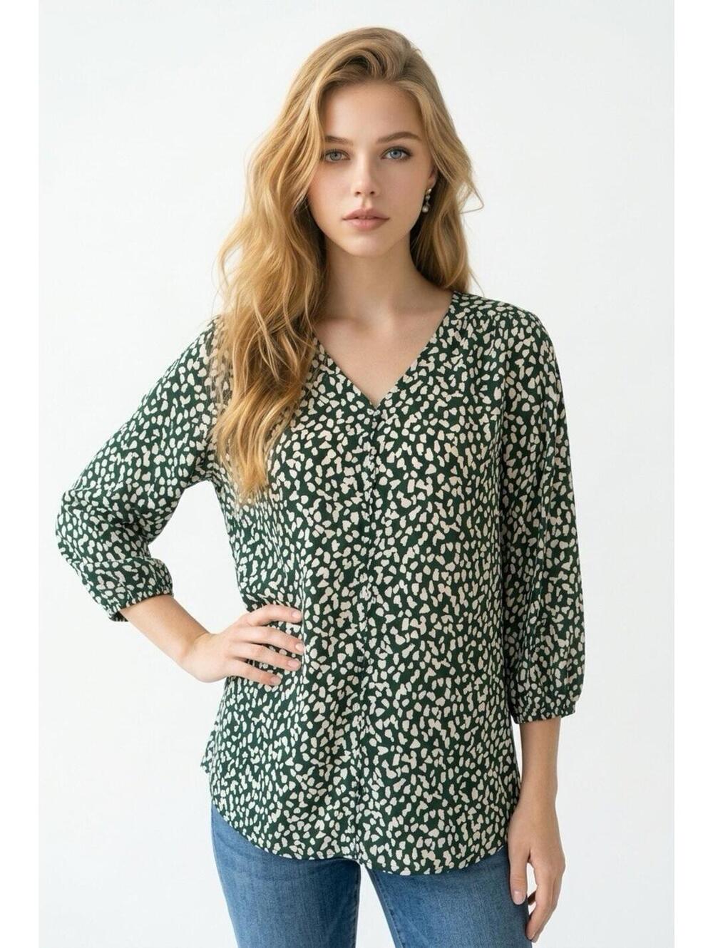 Molly Isadora Womens Plus Size 1X 3/4 Sleeve Green White Popover Top Buttons